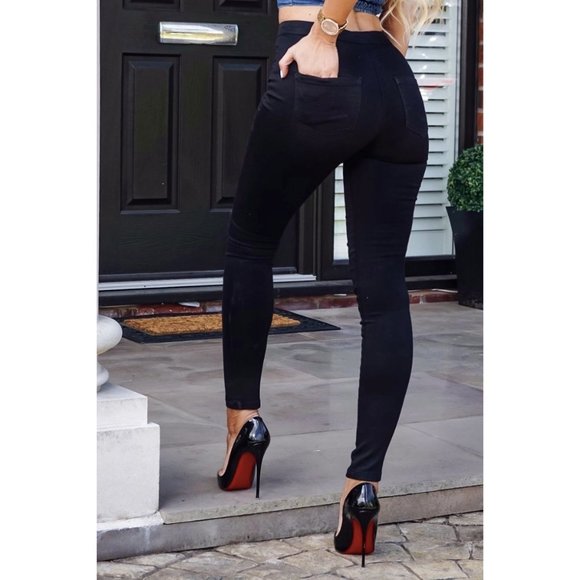 Black High Waisted Ripped Knee Jeggings - Picture 5 of 7